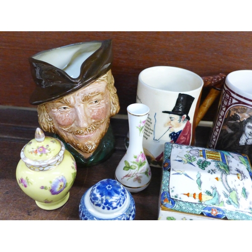 667 - A Royal Doulton Robin Hood character mug, a Wedgwood Sir Humphry Davy commemorative mug, Crown Devon... 