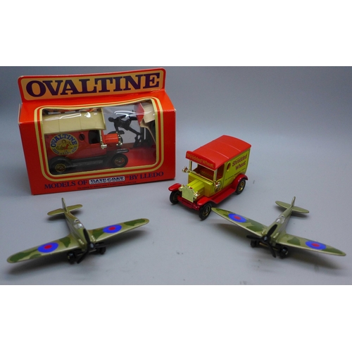 681 - Two Tonka Polistil model aircraft, Hurricane and Spitfire and two model vehicles