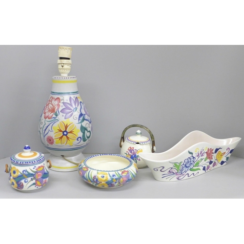 682 - A collection of Poole pottery comprising three pieces of 1930s (Carter Stabler & Adams) including tw... 