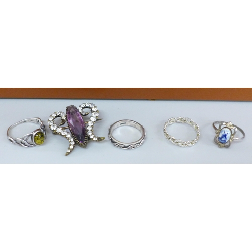 685 - A collection of costume jewellery together with four silver rings and an antique paste set brooch in... 