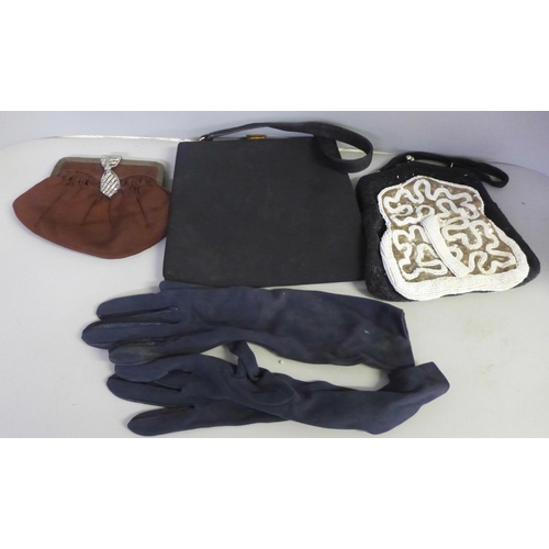 753 - Two beaded purses, one other purse, a black evening handbag and a pair of gloves