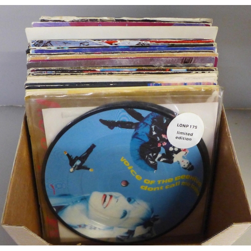 760 - A box of 45rpm singles from the early 1980s to 1900, two picture discs and forty five picture sleeve... 