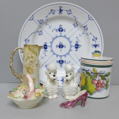 787 - A Royal Copenhagen plate, a Limoges jug, pair of pottery poodles, etc., some a/f