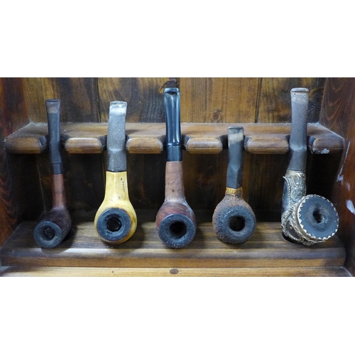 789 - A pine wall mounted pipe rack and a quantity of pipes including Meerschaum