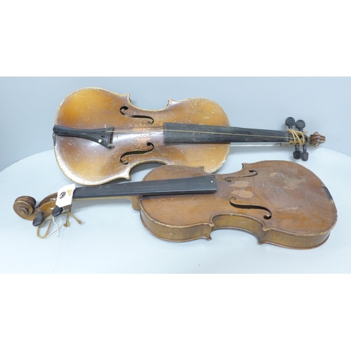 797 - Two violins, one Thomas Craig, Aberdeen label, 33cm and the other 33.5cm back excluding button, both... 