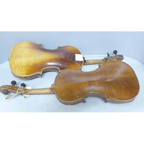 797 - Two violins, one Thomas Craig, Aberdeen label, 33cm and the other 33.5cm back excluding button, both... 