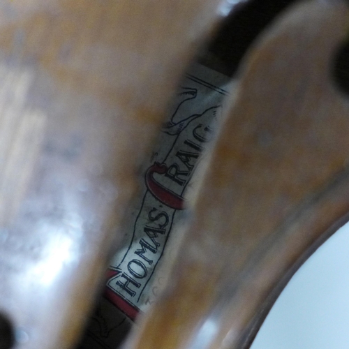 797 - Two violins, one Thomas Craig, Aberdeen label, 33cm and the other 33.5cm back excluding button, both... 