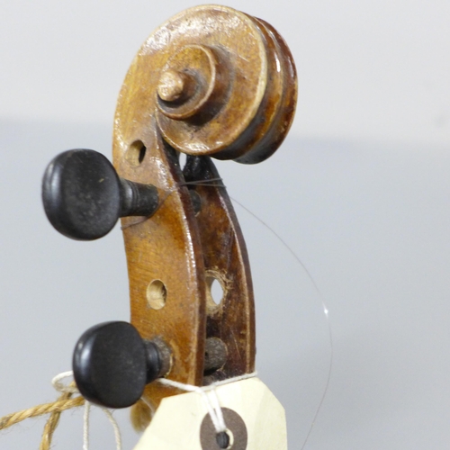 797 - Two violins, one Thomas Craig, Aberdeen label, 33cm and the other 33.5cm back excluding button, both... 