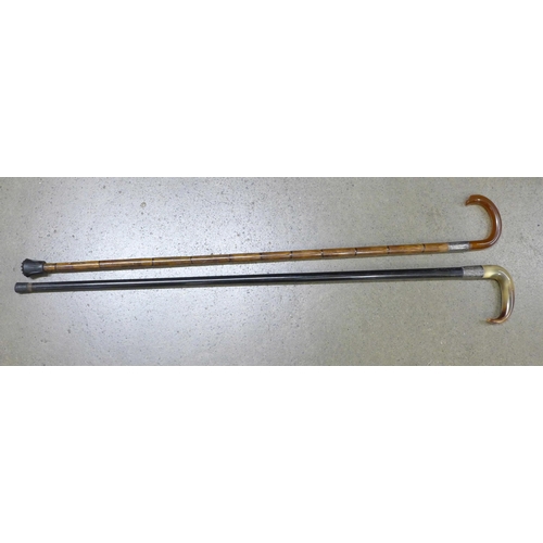 799 - Two walking sticks, one amber handled, one horn handled with silver collars