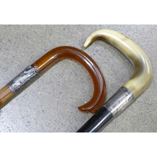 799 - Two walking sticks, one amber handled, one horn handled with silver collars