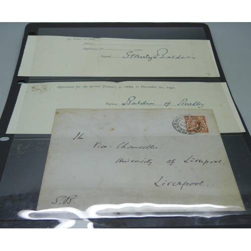 807 - Two paper slips signed by Stanley Baldwin and Baldwin of Bewdley together with a handwritten envelop... 