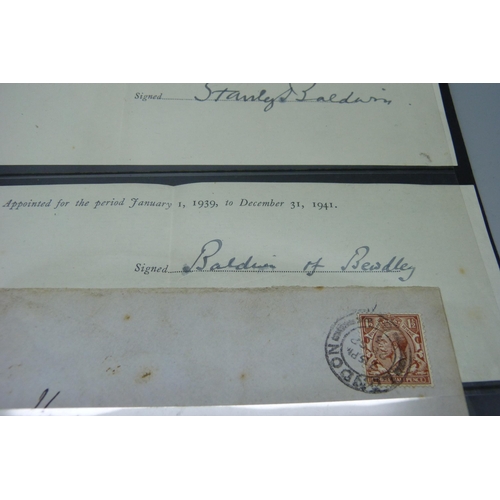 807 - Two paper slips signed by Stanley Baldwin and Baldwin of Bewdley together with a handwritten envelop... 