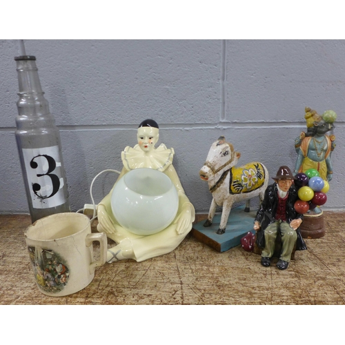 985 - A table lamp, a Royal Doulton The Balloon Man figure, a/f, a glass jar, an Indian figure, etc. **PLE... 