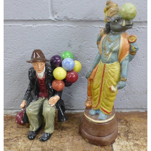 985 - A table lamp, a Royal Doulton The Balloon Man figure, a/f, a glass jar, an Indian figure, etc. **PLE... 