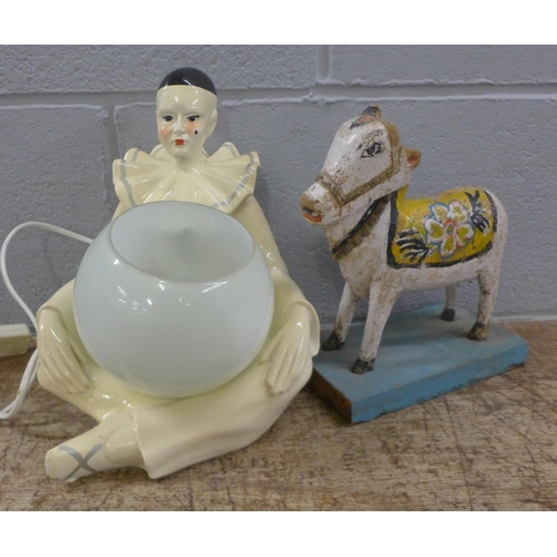 985 - A table lamp, a Royal Doulton The Balloon Man figure, a/f, a glass jar, an Indian figure, etc. **PLE... 