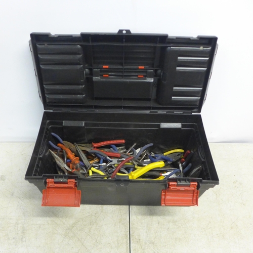 2106 - A plastic toolbox containing pliers, wire strippers, cutters, grips, etc.