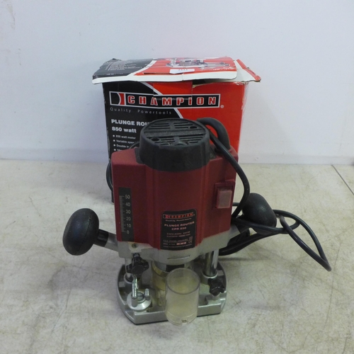 2111 - A Champion CPR850 230V, 850W plunge router with box and a Rolson 12 piece tungsten carbide tipped ro... 