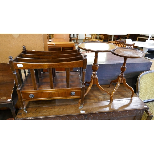 131 - A mahogany Canterbury and two mahogany tripod wine tables