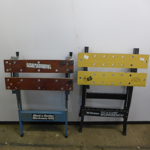 2128 - 2 folding work benches including a Wickes tilt and clamp and Black and Decker workmate 400 and a box... 