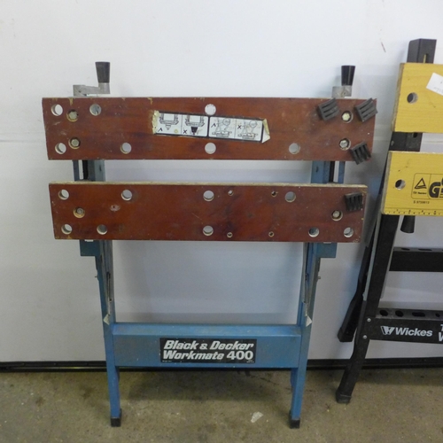 2128 - 2 folding work benches including a Wickes tilt and clamp and Black and Decker workmate 400 and a box... 