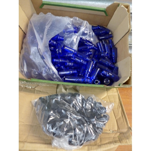 2389 - 2 boxes of blue glass bottles in 10ml and 100ml variety with screw cap lids