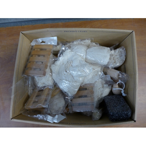 2390 - A box of various bathroom items including, scrubbing brushes, shaving brushes, etc.