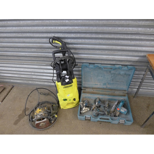 2417 - A Karcher K4 premium - no hose, 3 Makita cordless drills, a Makita N500 circular saw and a DeWalt ro... 