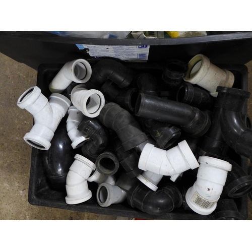 2451 - 2 boxes of various pipe fittings including waste pipe fittings, a flexible hose, soil and vent plast... 