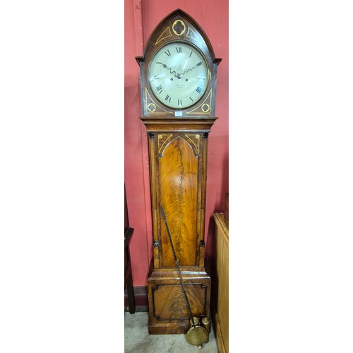 106 - A Regency mahogany and brass inlaid lancet top 8-day longcase clock, the dial signed William Reeves,...