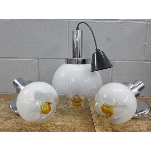 1047 - Three Murano glass lights, a set including two side lights and a centre pendant light