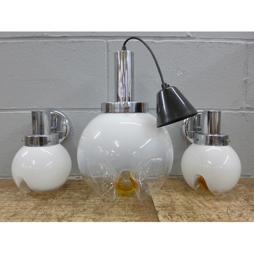 1047 - Three Murano glass lights, a set including two side lights and a centre pendant light