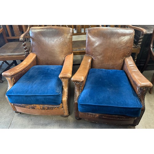 188 - A pair of  Art Deco brown leather armchairs