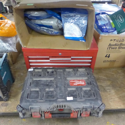 2058 - A Milwaukee Packout tool case, a red metal 6 drawer tool chest and a box of PPE including Biofil par... 