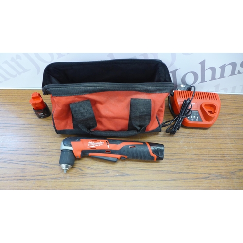 2212 - A Milwaukee C12 RAD M12 angle drill with 2 2.0AH batteries, a charger and carry case