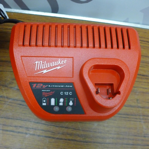 2212 - A Milwaukee C12 RAD M12 angle drill with 2 2.0AH batteries, a charger and carry case