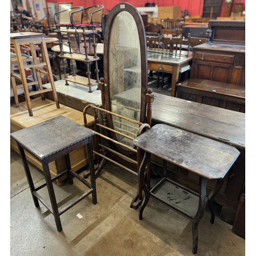 250 - A mahogany cheval mirror, a towel rail and two oak occasional tables