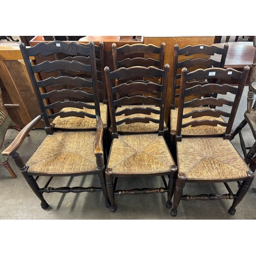 259 - A set of six 18th Century style beech rush seated ladderback dining chairs