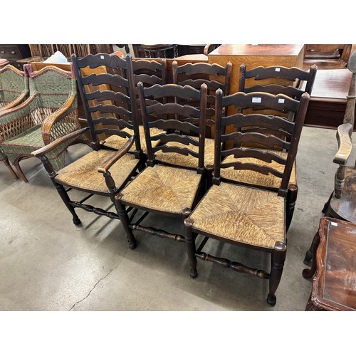 259 - A set of six 18th Century style beech rush seated ladderback dining chairs