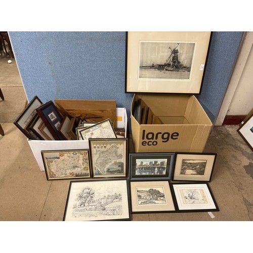 347 - Two boxes of prints, etchings, maps, etc., including an Andrew Affleck etching