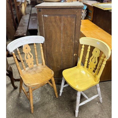 264 - A pair of painted pine kitchen chairs and a cupboard