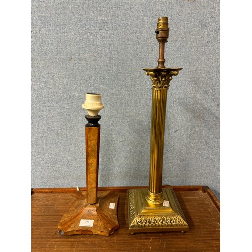 365 - A brass Corinthiam column lamp and an Art Deco walnut lamp