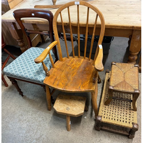 267 - An elm and beech Windsor kitchen chair, a Victorian mahogany chair and three stools