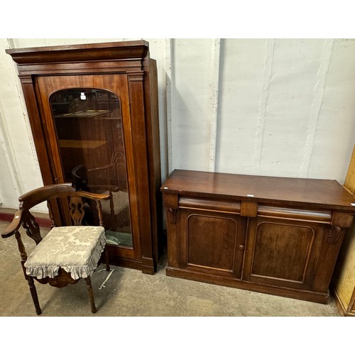 273 - A Victorian mahogany chiffonier and a single door bookcase and a corner chair