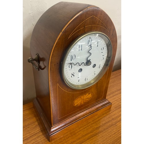 412 - An early 20th Century French inlaid mahogany lancet top mantel clock, the movement signed Marti & Ci... 