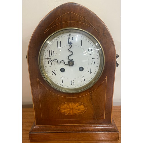 412 - An early 20th Century French inlaid mahogany lancet top mantel clock, the movement signed Marti & Ci... 