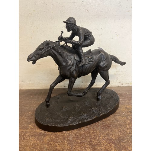 397 - After Pierre-Jules Mene, bronze figure of a race horse and jockey