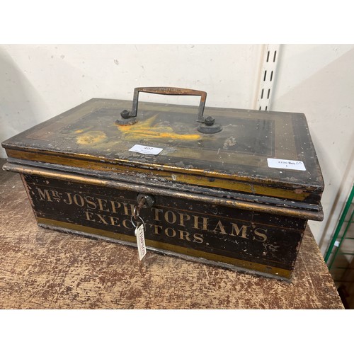 407 - A metal document box with key, Mr Joseph Topham's Executors