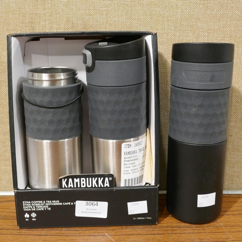 3064 - 3 x Kambukka Travel Mugs - ( 1 Lid Missing)  (327-605,606 )  * This lot is subject to VAT