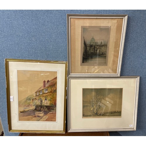 345 - An Alice Barnwell aquatint, The Wolds, framed, An M.Thornton Crazy Kates Cottage, water colour, fram... 