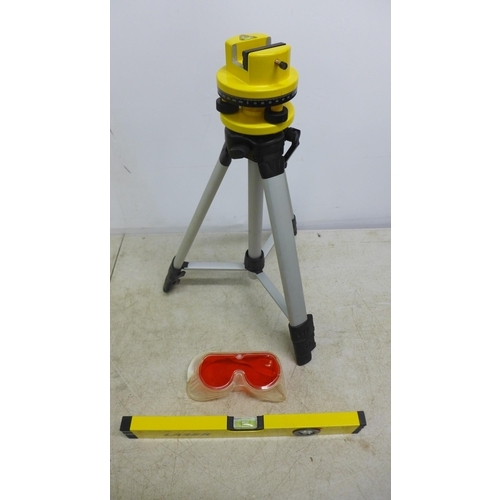 2102 - A laser level, tripod stand, a spirit level and safety goggles